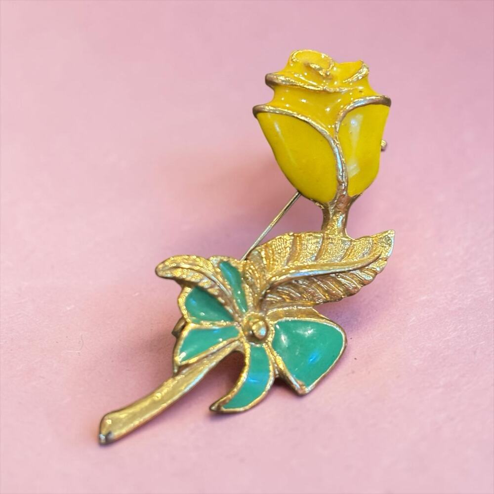 60s Yellow Rose Brooch Turquoise Enamel Flower Power Mod Pin